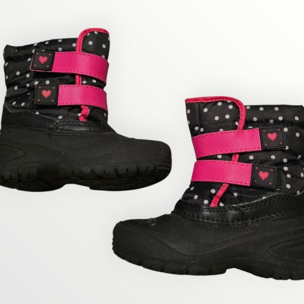 Wonder Nation Girls Size 10 Black Pink Polka Dot Heart Kids Snow Boots